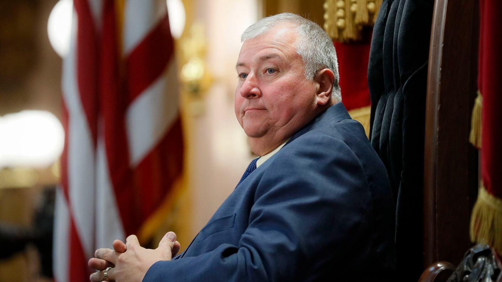 FILE - Ohio House Speaker Larry Householder sits at the head of a legislative session in Columbus, Ohio, Oct. 30, 2019. The former Ohio House speaker goes on trial next week in the highest-profile reckoning yet arising from a $60 million federal bribery investigation that federal prosecutors label the largest corruption case in state history. (AP Photo/John Minchillo, File)