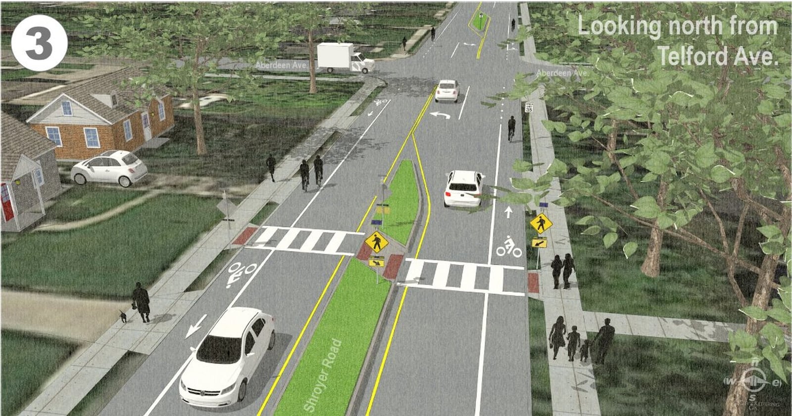 A model of completed Shroyer Road project in Oakwood, where it would go from two lanes in each direction to a single lane with dedicated left turn lanes to reduce crashes. CONTRIBUTED