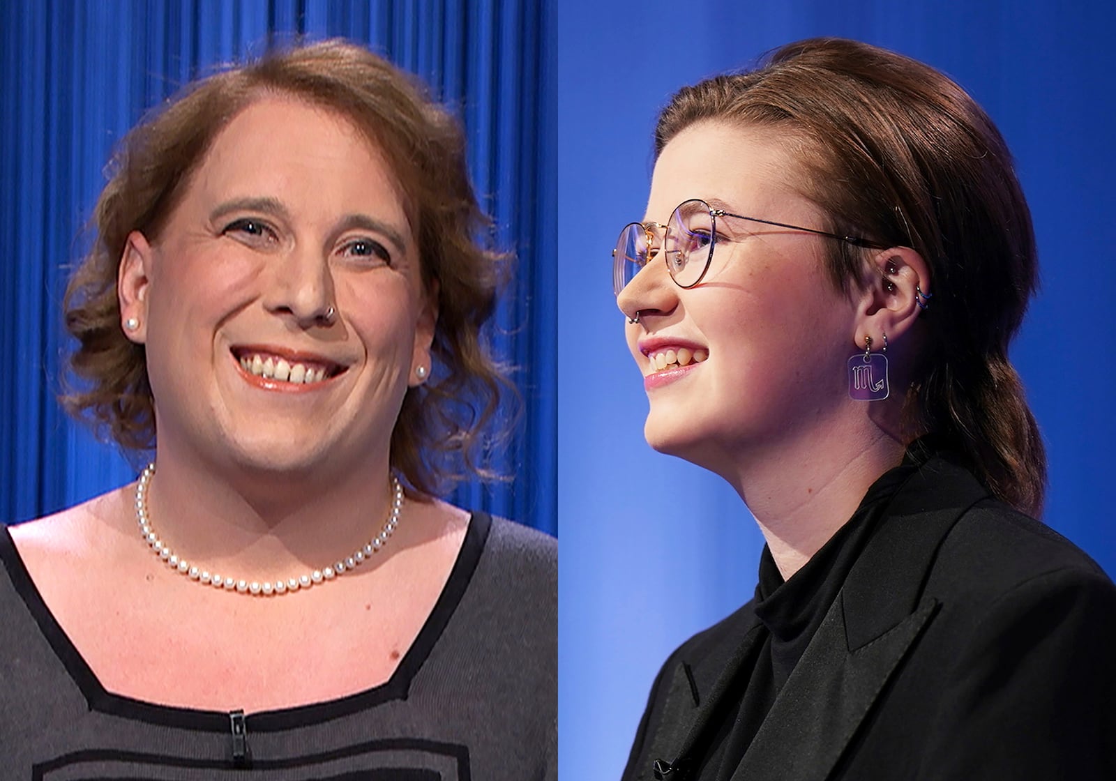 This combination of two separate photos shows contestants Amy Schneider, left, and Mattea Roach on "Jeopardy!" The game show has been enjoying an unusual run of super champs. Schneider and Roach were notable for their impressive breadth of knowledge, and they were rarely wrong.  (Sony Pictures Entertainment via AP)