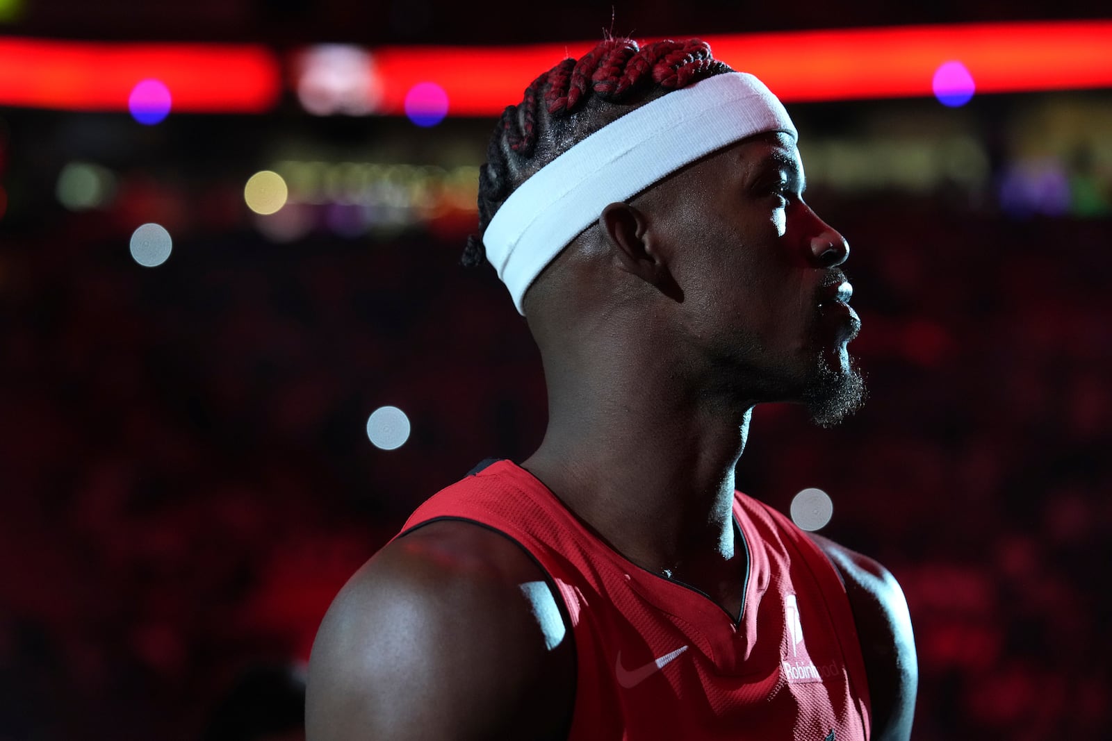 Miami Heat forward Jimmy Butler is introduced before an NBA basketball game against the Philadelphia 76ers, Monday, Nov. 18, 2024, in Miami. (AP Photo/Lynne Sladky)