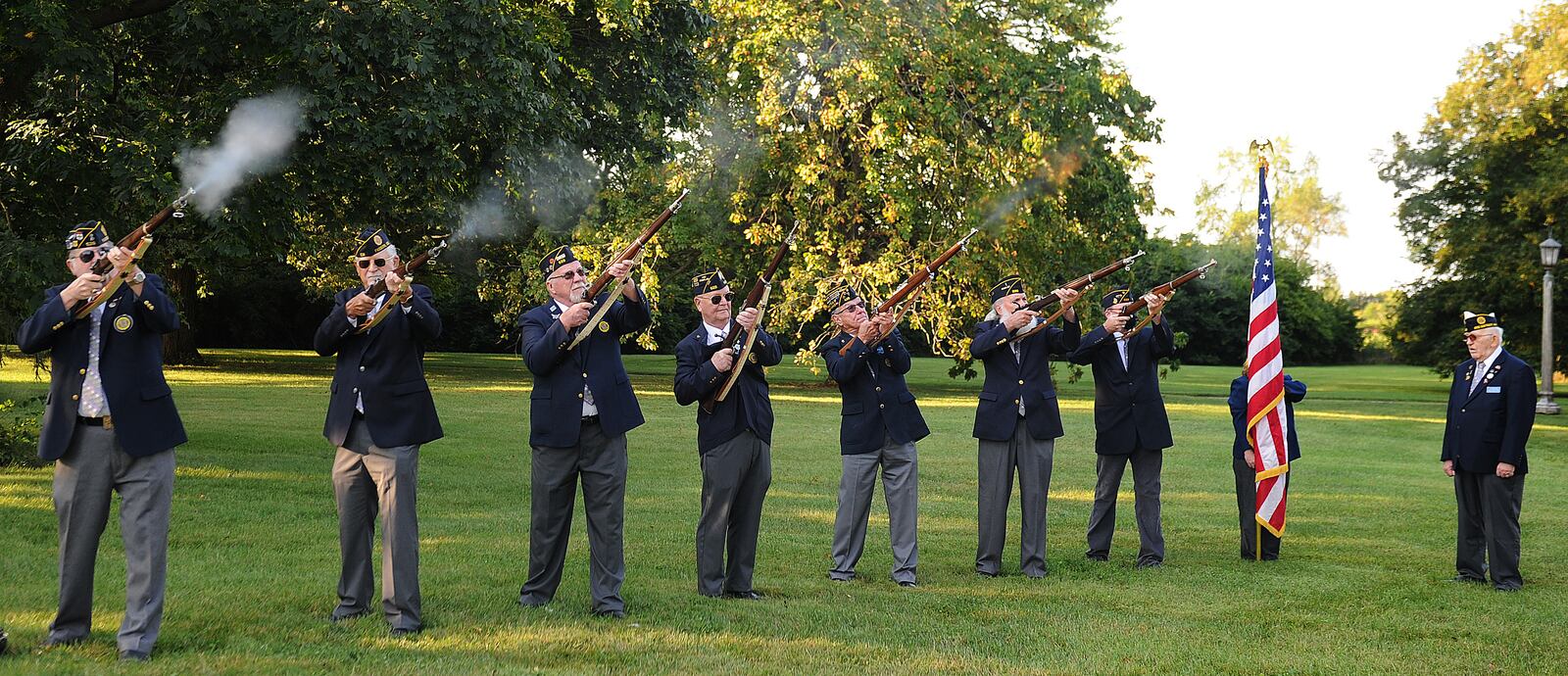 The American Legion Post 526 gave a 21-gun salute at the 20th annual 9/11 Memorial Ceremony in Fairborn Saturday, Sept. 11, 2021 on the front lawn of Calamityville, the National Center for Medical Readiness. MARSHALL GORBY/STAFF