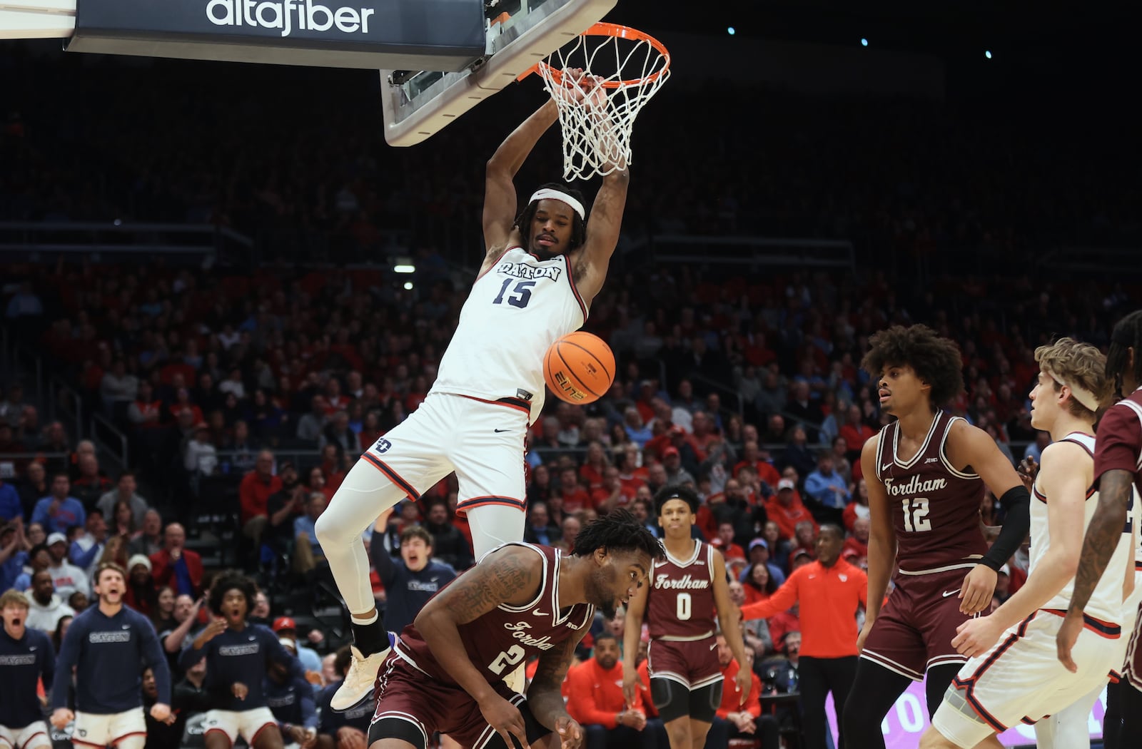 Dayton's DaRon Holmes II dunks against Fordham on Saturday, Feb. 17, 2024, at UD Arena. David Jablonski/Staff