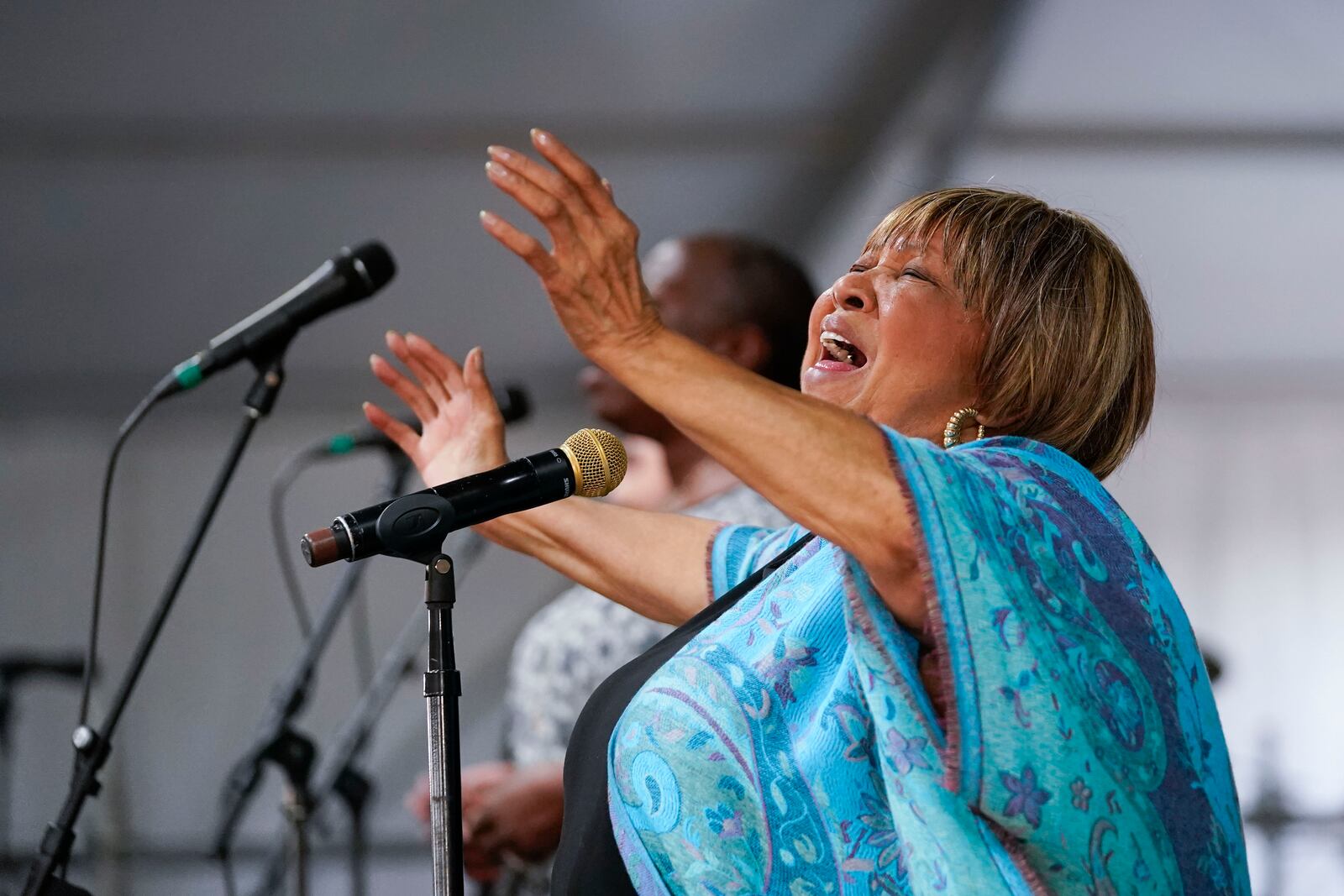 Mavis Staples performs at the New Orleans Jazz & Heritage Festival in New Orleans, Friday, April 28, 2023. (AP Photo/Gerald Herbert)