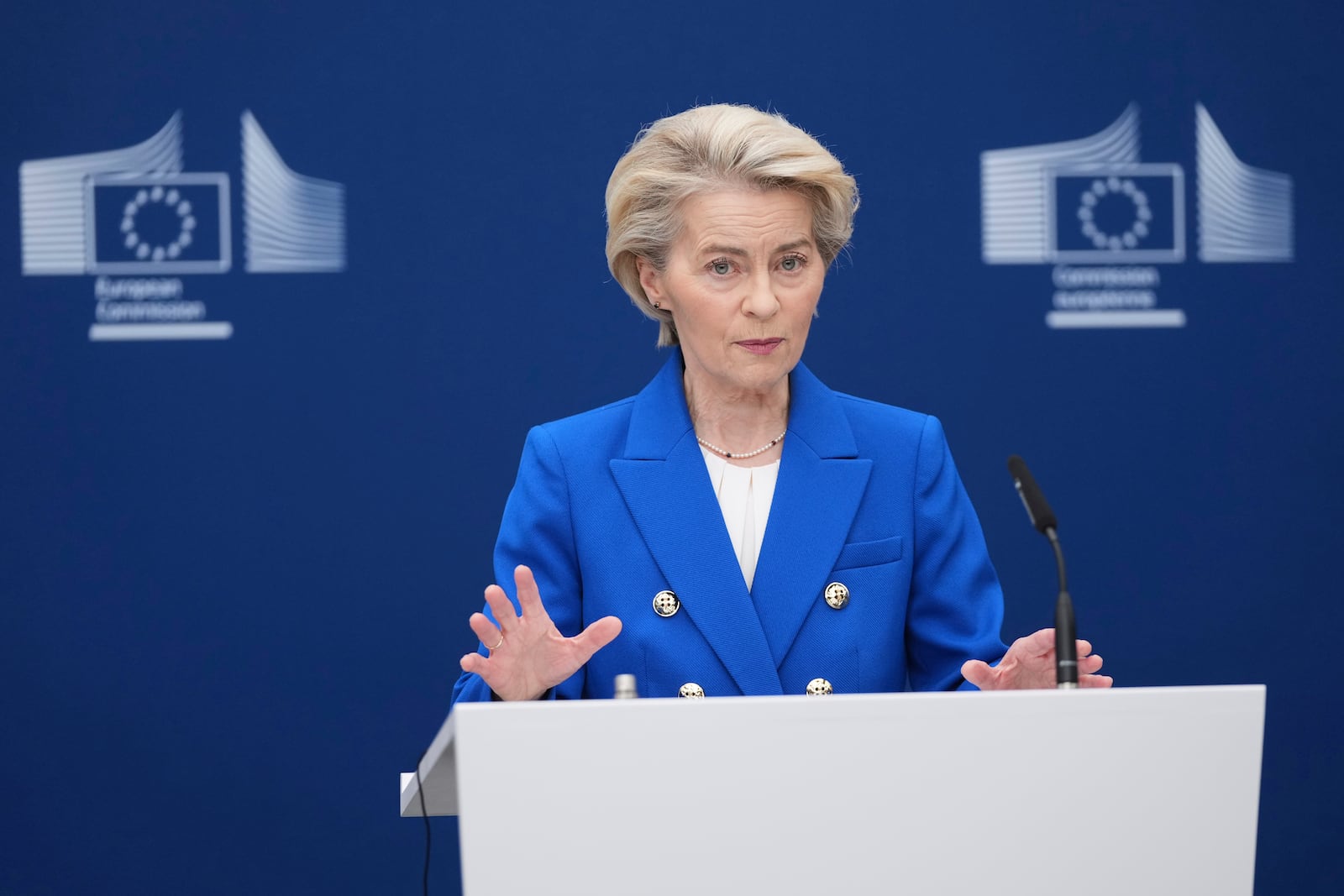 European Commission President Ursula von der Leyen speaks during a media conference on the defense package at EU headquarters in Brussels, Tuesday, March 4, 2025. (AP Photo/Virginia Mayo)