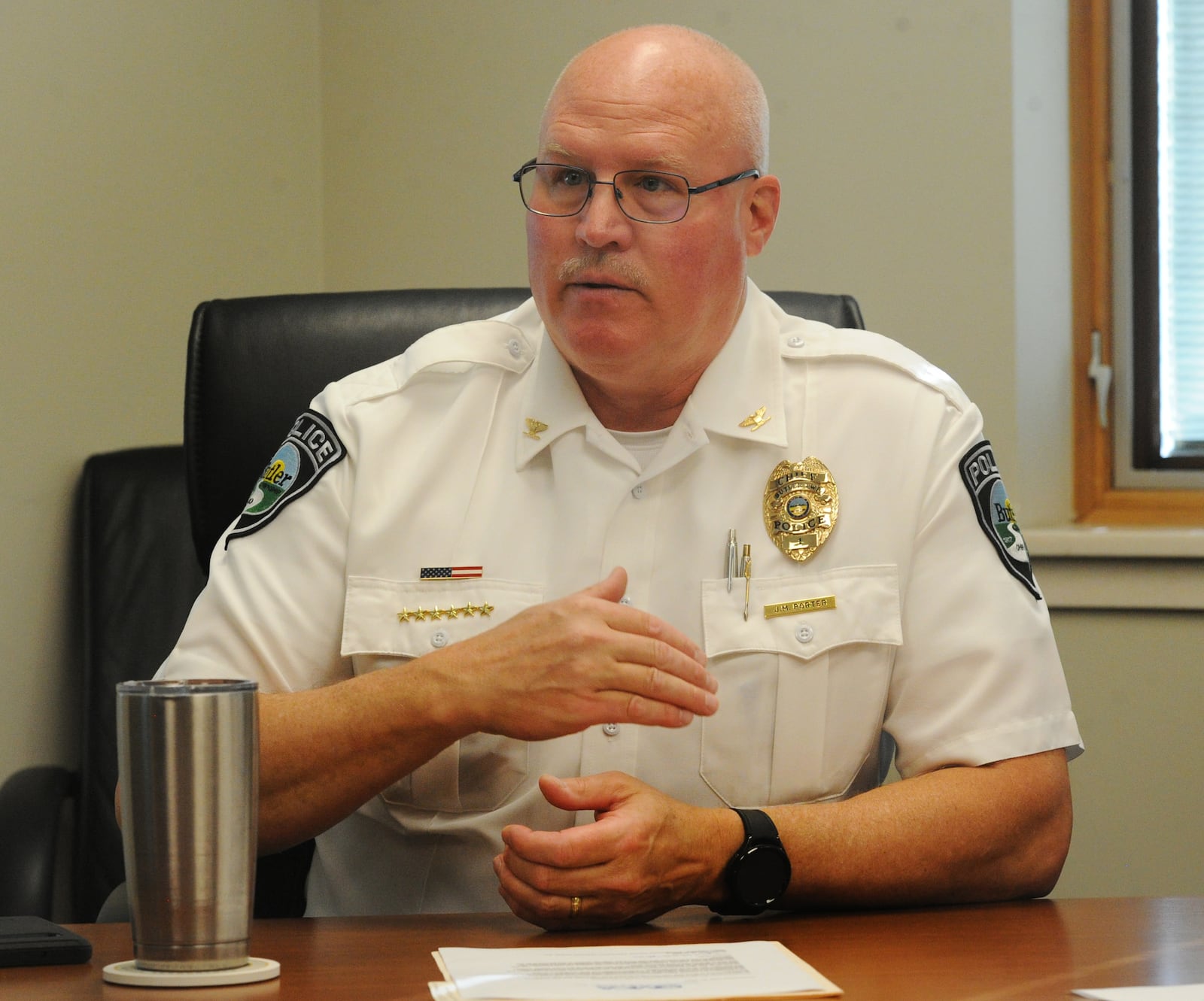 Butler Township Chief of Police John Porter, vice president of the Montgomery County Association of Police Chiefs, Inc., talks about mental health crisis services after RI International pulled out of Montgomery County last month.  MARSHALL GORBY\STAFF