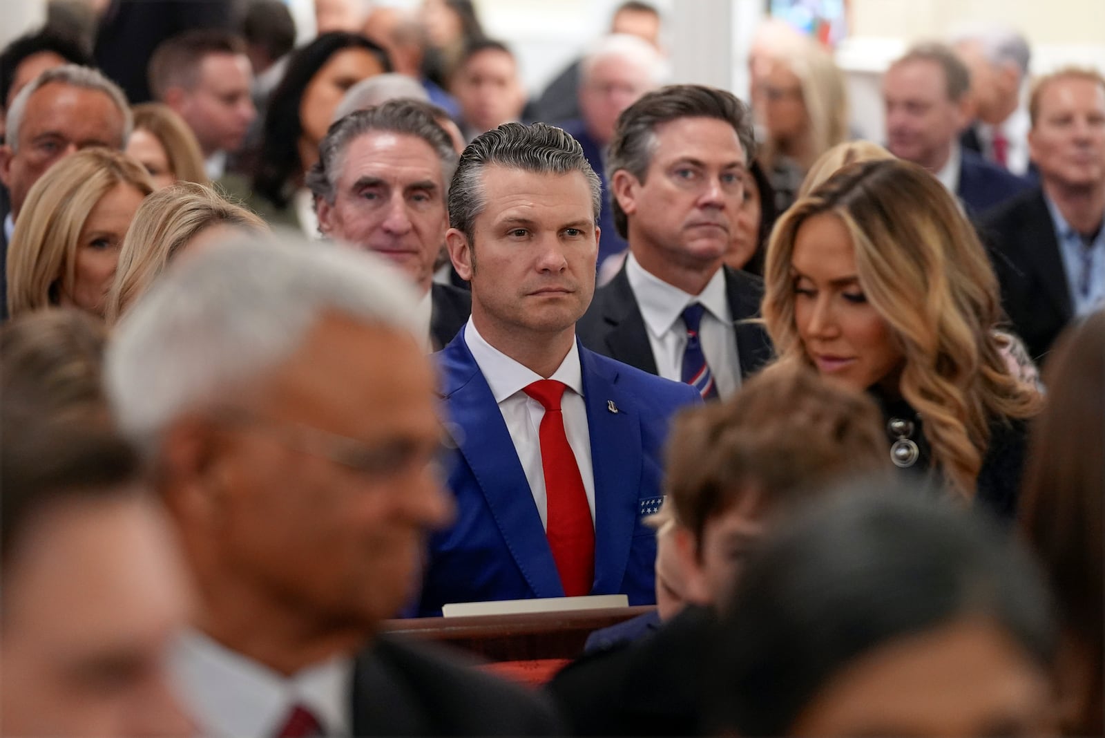 Defense Secretary nominee Pete Hegseth arrives before President-elect Donald Trump at a service at St. John's Church, Monday, Jan. 20, 2025, in Washington, ahead of the 60th Presidential Inauguration. (AP Photo/Evan Vucci)