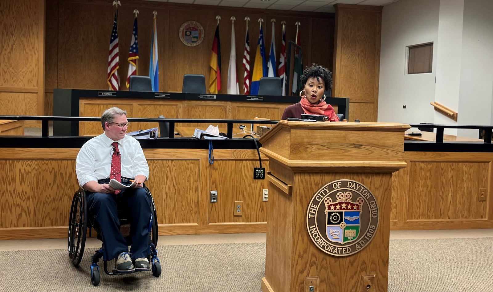 Dayton City Commissioners Darryl Fairchild and Shenise Turner-Sloss at a press conference on Friday at City Hall. CORNELIUS FROLIK / STAFF