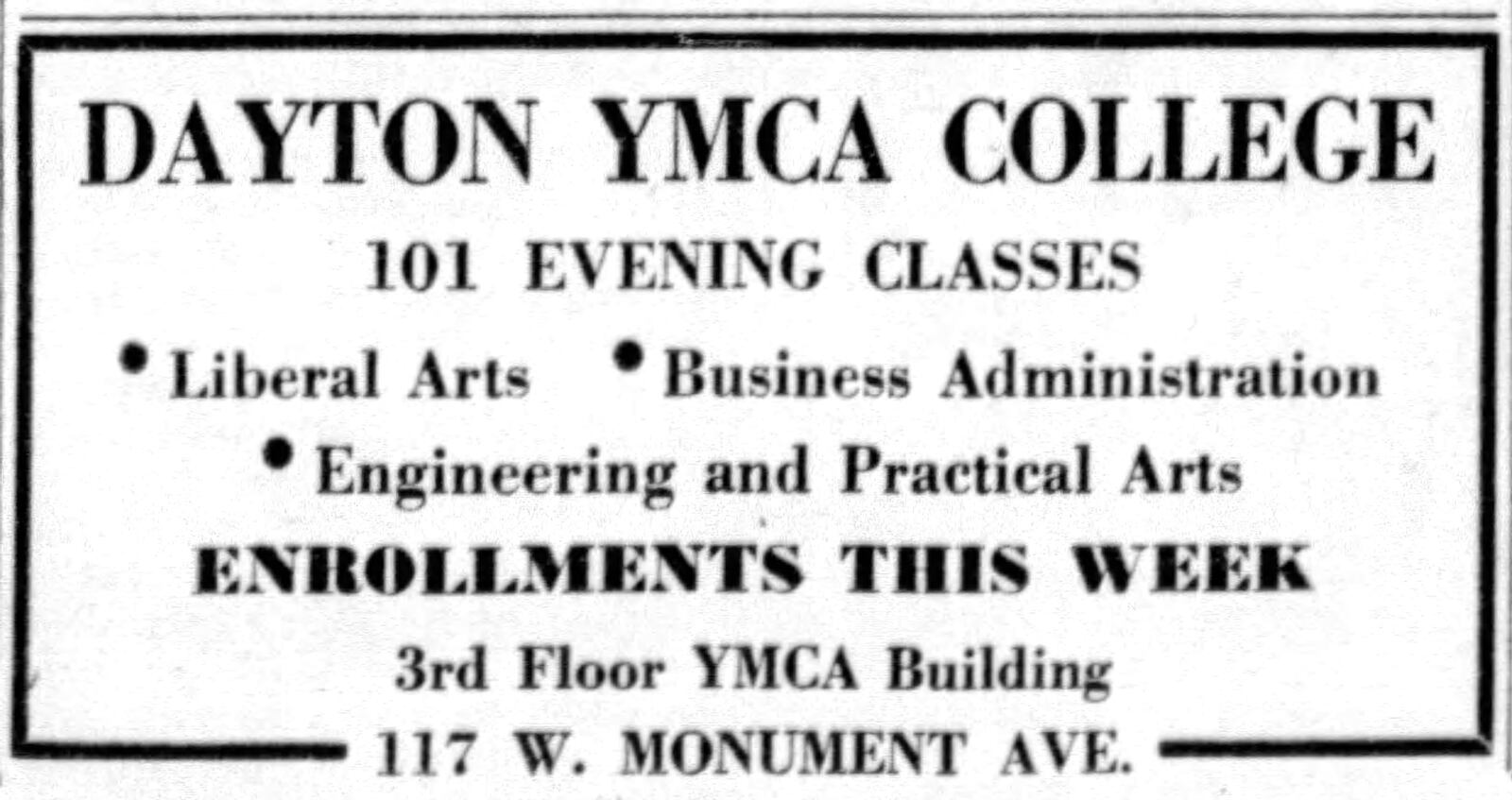 1939 advertisement for YMCA college, which on day would become Sinclair Community College. DAYTON DAILY NEWS ARCHIVES