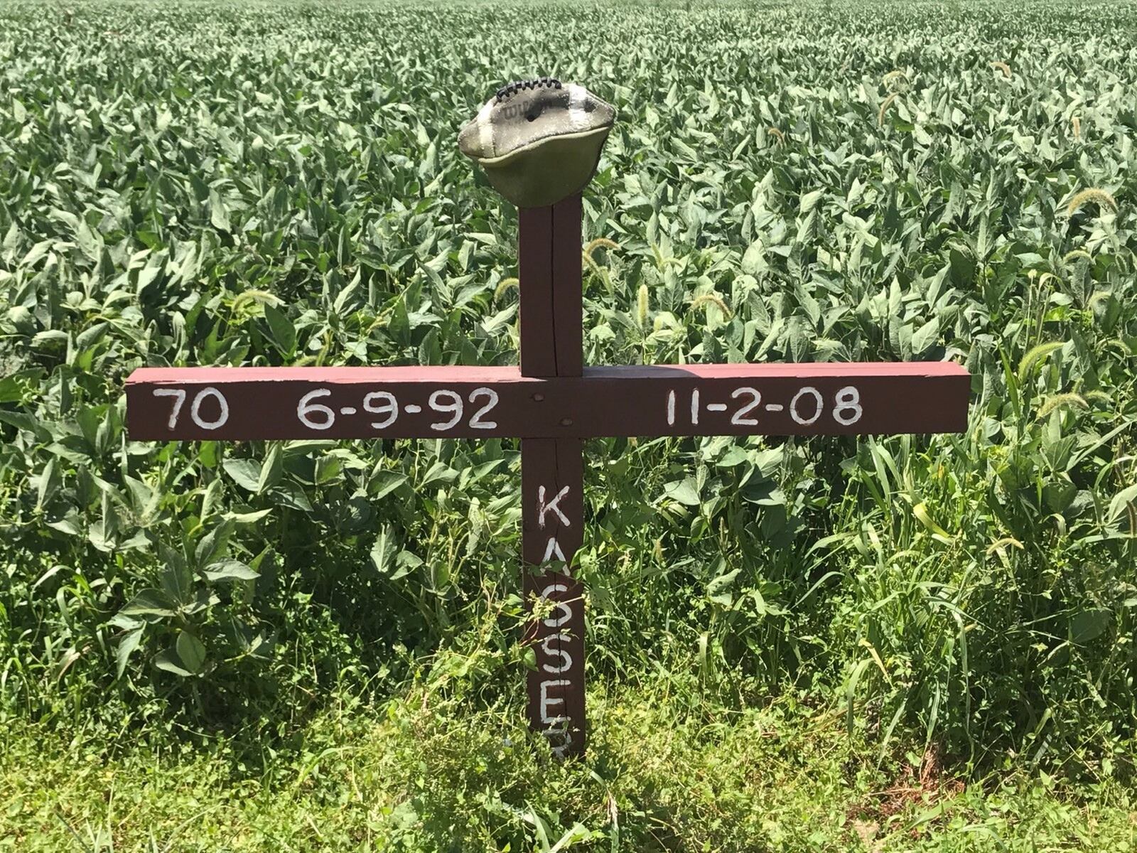 A new cross put up a year ago by one of Joe Kasserman’s buddies along Highway 503 in honor of the former Twin Valley South football player. Tom Archdeacon/STAFF