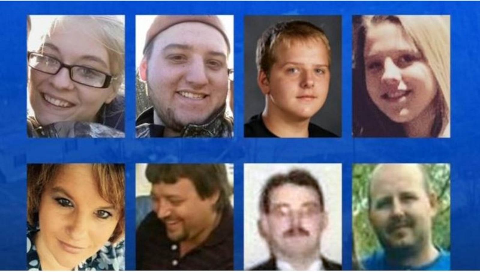 Rhoden family slaying victims in the April 22, 2016, homicides near Piketon, Ohio. Top row: Hannah "Hazel" Gilley; Clarence "Frankie" Rhoden; Christopher Rhoden Jr.; and Hanna Rhoden; Bottom row: Dana Rhoden; Kenneth Rhoden; Gary Rhoden; and Christopher Rhoden Sr.