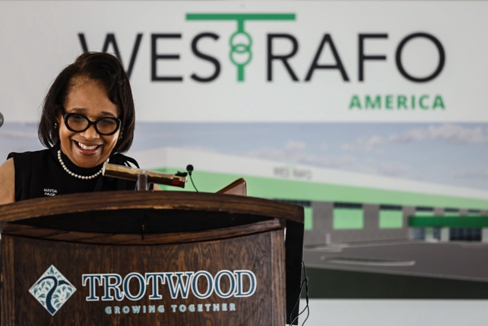 Trotwood mayor Yvette Page speaks at the groundbreaking ceremony for WES RAFO company that will bring over 200 jobs to Trotwood. The company produces transformers. Jim Noelker/Staff