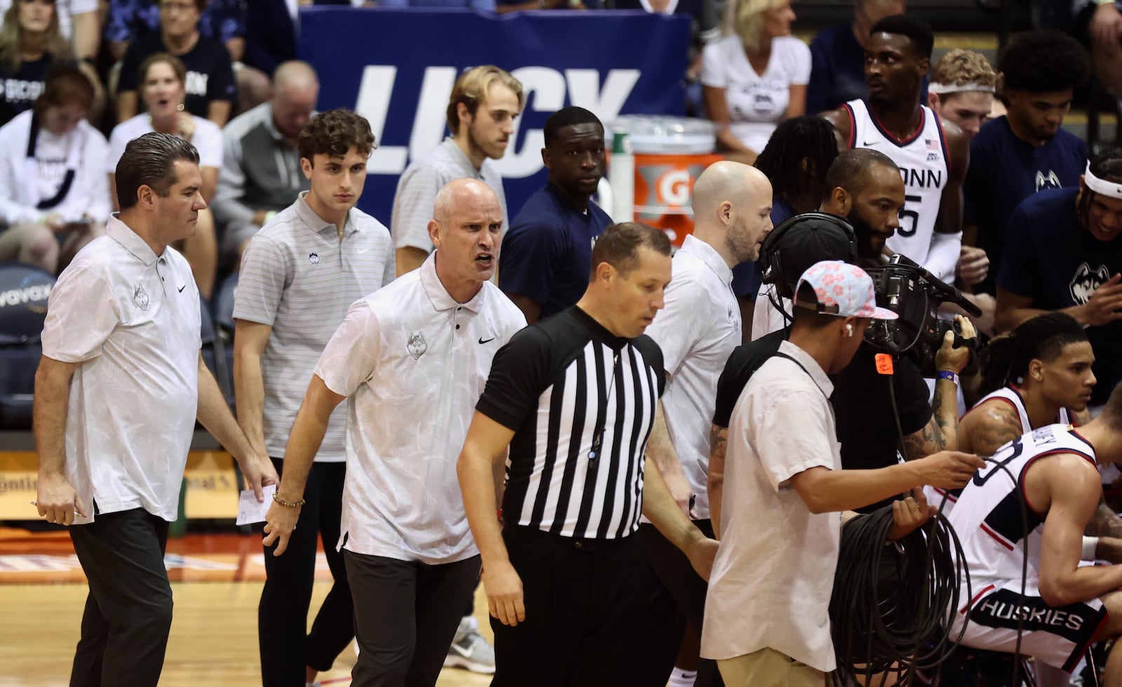 Connecticut's Dan Hurley protests a call during a game against Memphis in the Maui Invitational on Monday, Nov. 25, 2024, at the Lahaina Civic Center. David Jablonski/Staff