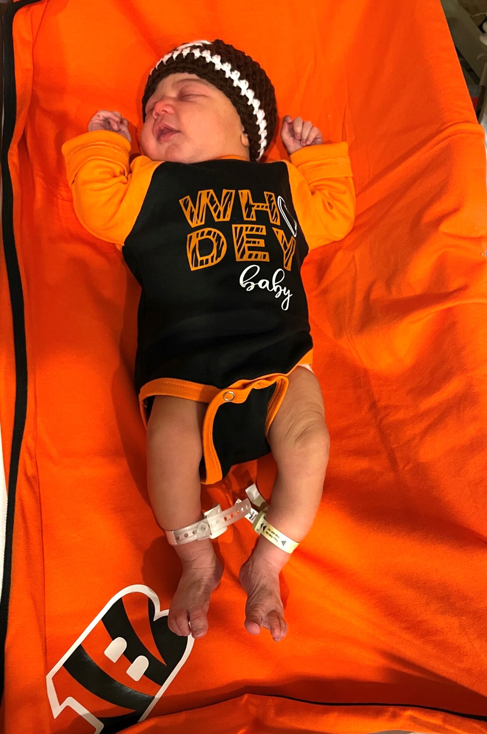 A laborer and delivery nurse at Miami Valley Hospital South (MVHS) made personalized baby clothes in honor of the Cincinnati Bengals for newborns. Credit: Miami Valley Hospital South (MVHS)