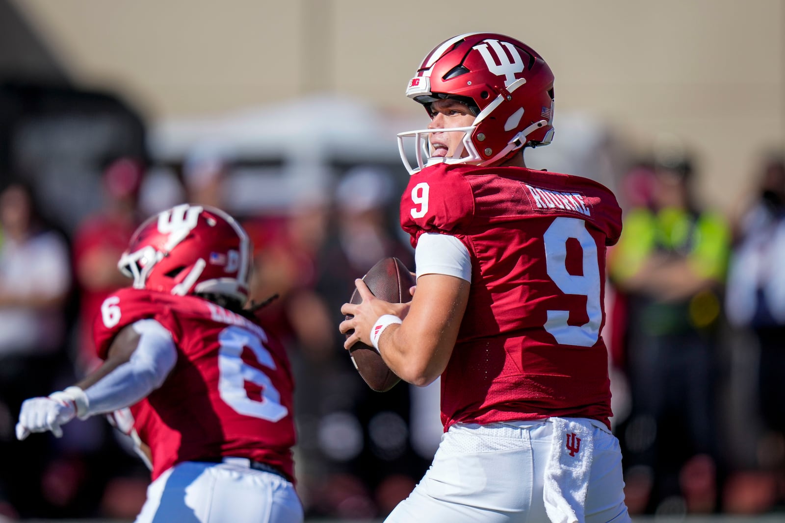 Indiana quarterback Kurtis Rourke (9) looks to pass against Nebraska during the first half of an NCAA college football game in Bloomington, Ind., Saturday, Oct. 19, 2024. (AP Photo/AJ Mast)