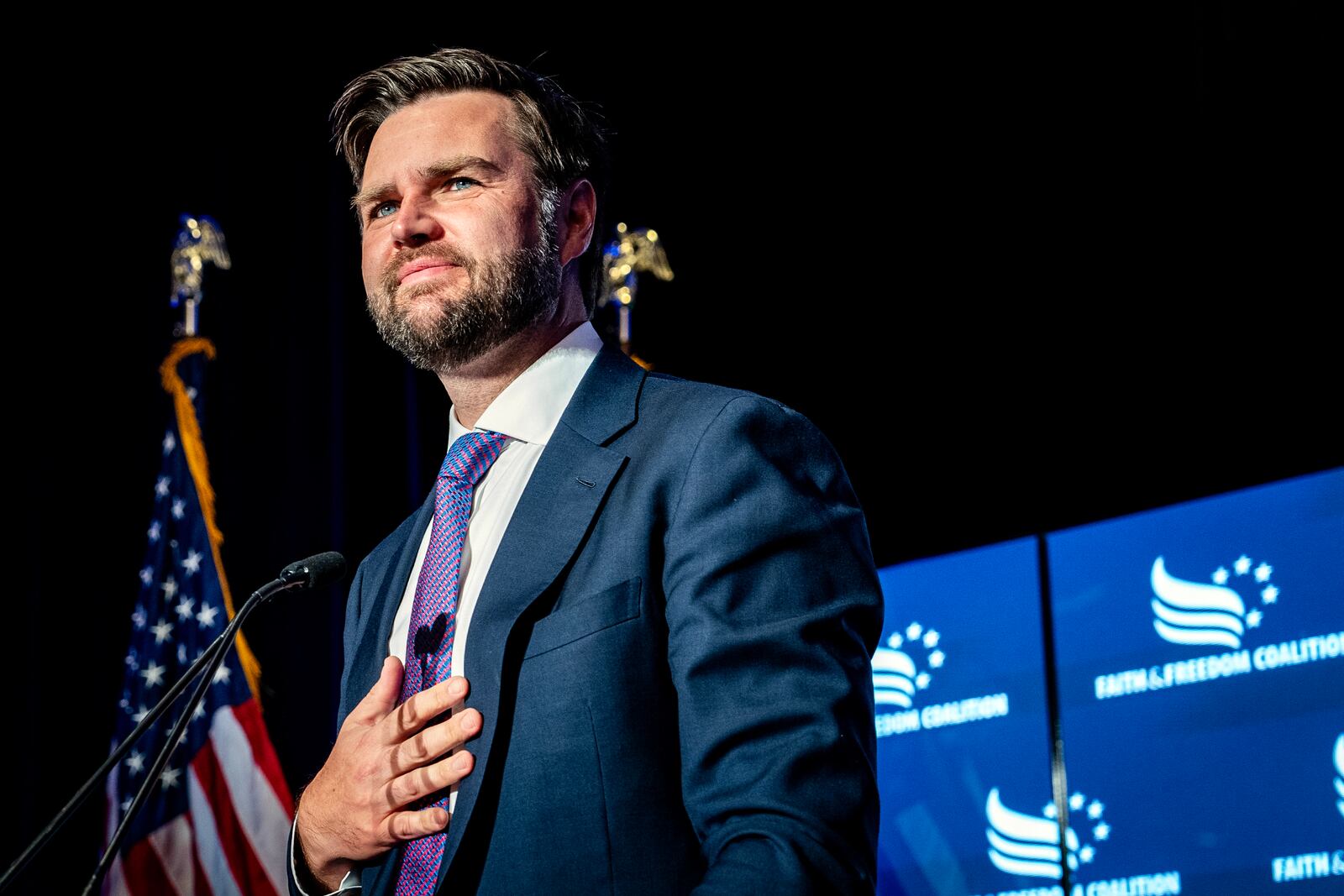 
                        Sen. JD Vance _R-Ohio), the Republican Party’s nominee for vice president, speaks at a prayer breakfast hosted by the Faith and Freedom Coalition in Milwaukee on Thursday, July 18, 2024. (Haiyun Jiang/The New York Times)
                      