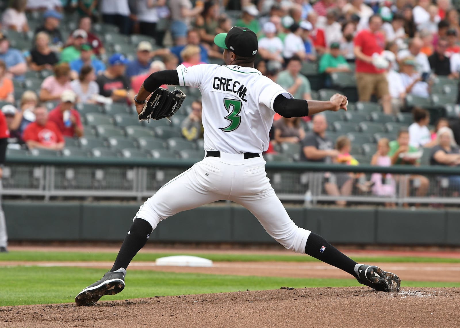 Hunter Greene of the Dayton Dragons fires a pitch plateward during Thursday night’s game at Fifth Third Field. Emma Kautz/CONTRIBUTED