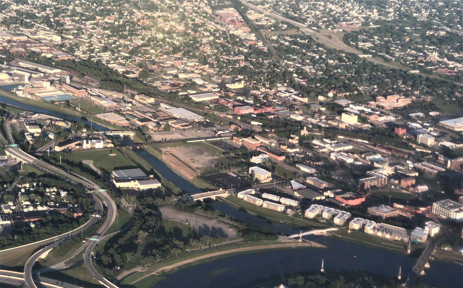 An aerial view of Webster Station, the McCook Field neighborhood and east Dayton. CORNELIUS FROLIK / STAFF