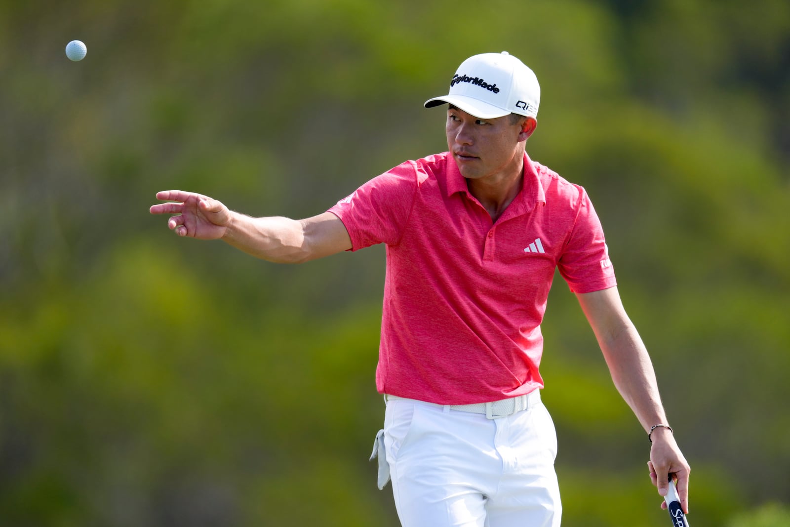 Collin Morikawa tosses his ball on the 17th green during the third round of The Sentry golf event, Saturday, Jan. 4, 2025, at Kapalua Plantation Course in Kapalua, Hawaii. (AP Photo/Matt York)