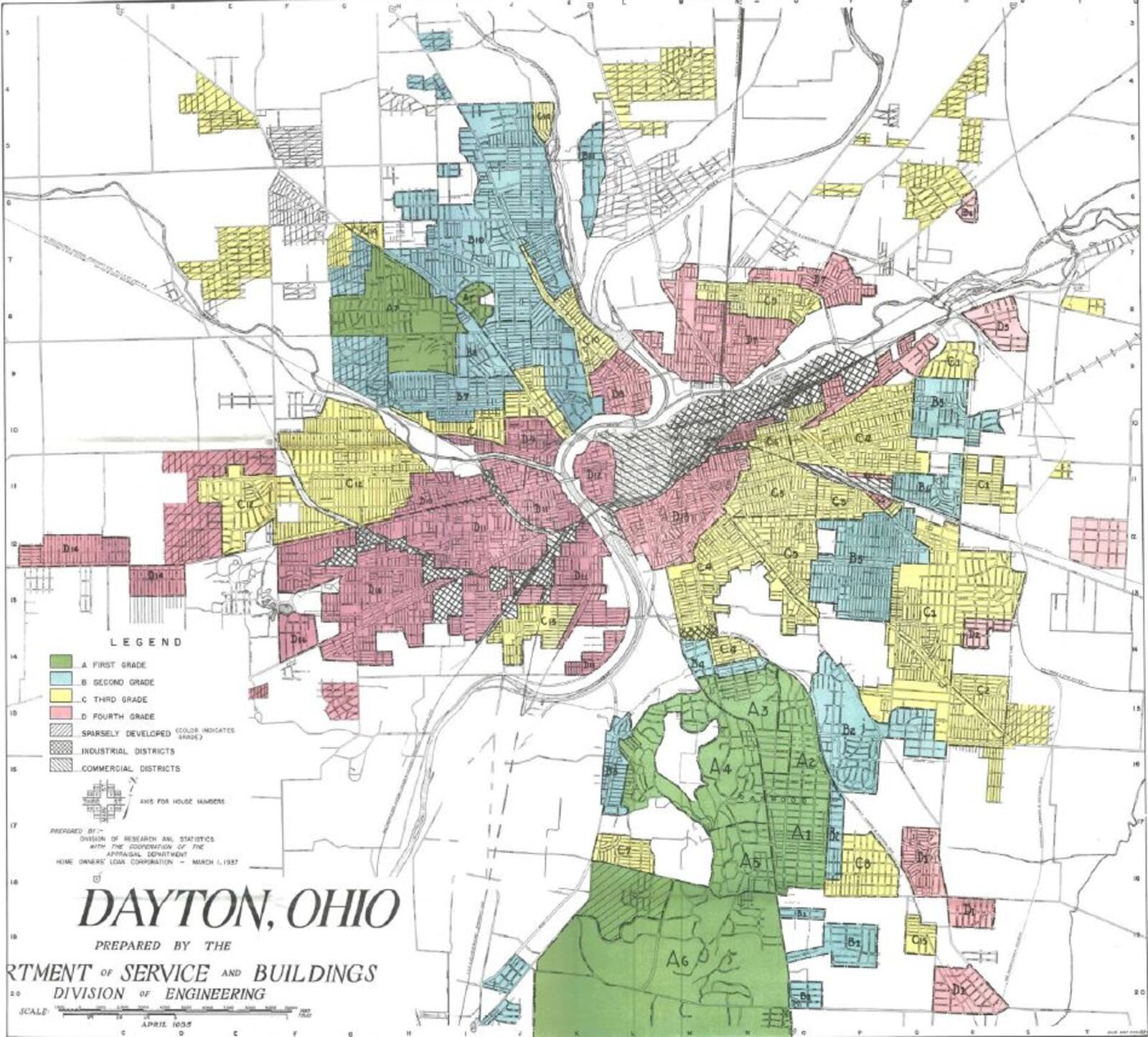 Redlining map of Dayton created by the Home Owners’ Loan Corporation in 1935. Red areas show parts of town deemed most at risk for bank loans because of factors including the racial makeup of who lived there.