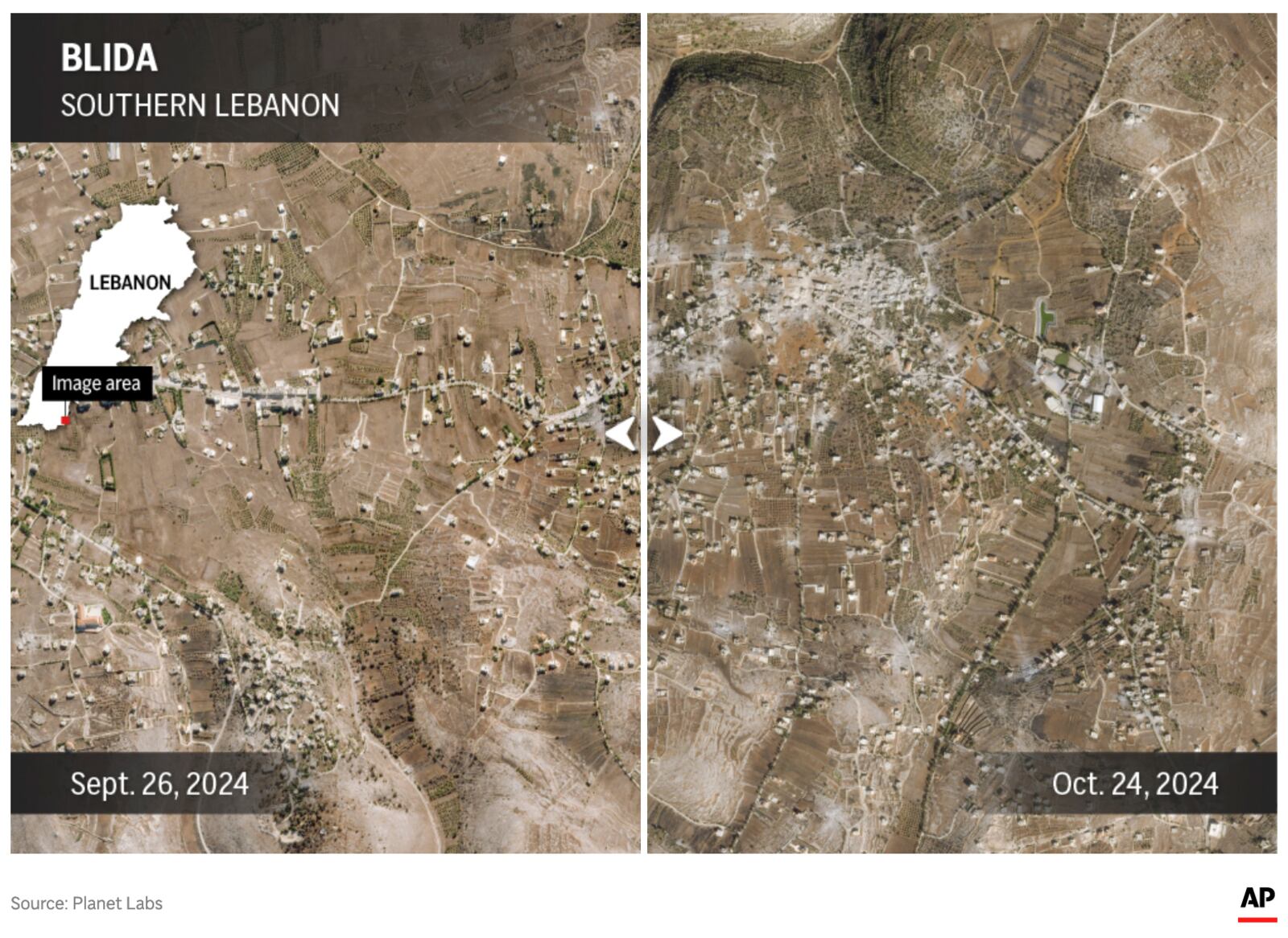 The image above shows a frame of a before and after interactive slider in the southern Lebanese city of Blida. (AP Digital Embed)