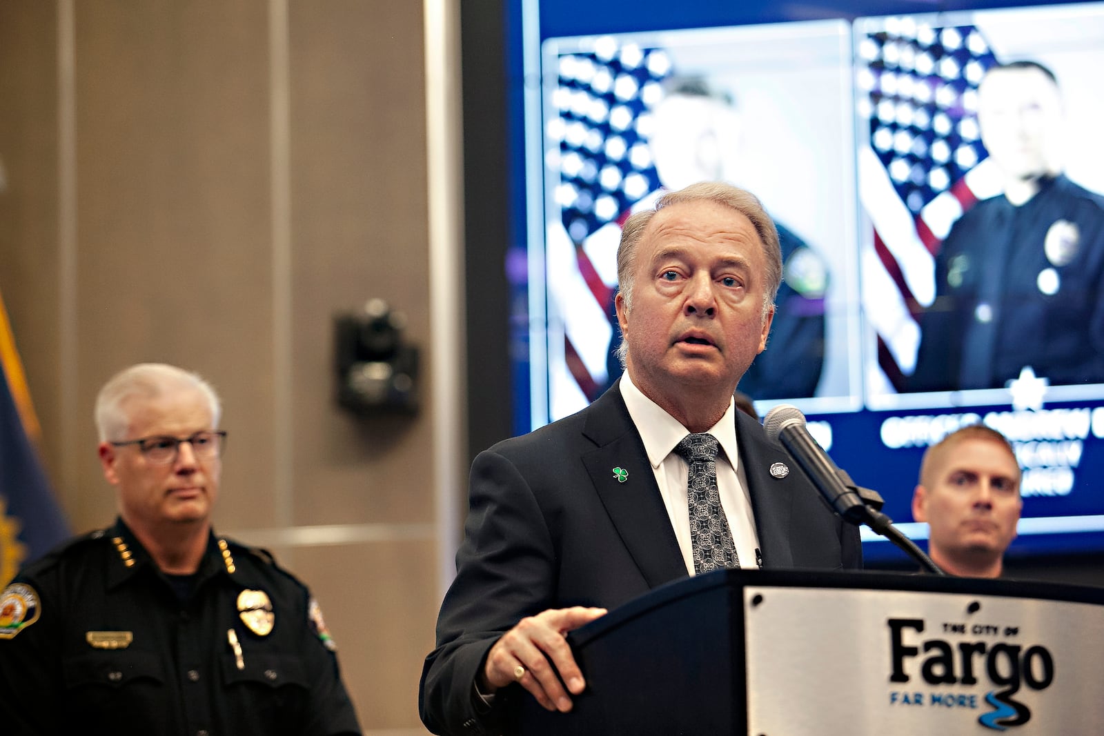 FILE - Mayor Tim Mahoney responds to questions during a news conference on Saturday, July 15, 2023, in Fargo, N.D. (AP Photo/Ann Arbor Miller, File)