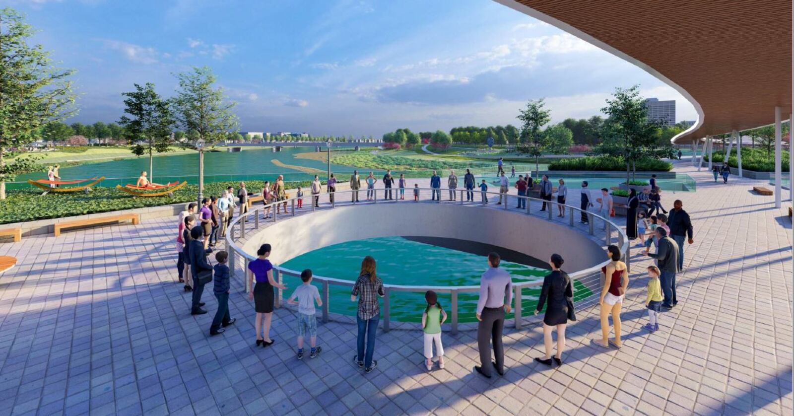 A rendering of a proposed pedestrian bridge and park-over-the-river connecting the existing Sunrise MetroPark and the proposed Sunset park in Dayton. CONTRIBUTED