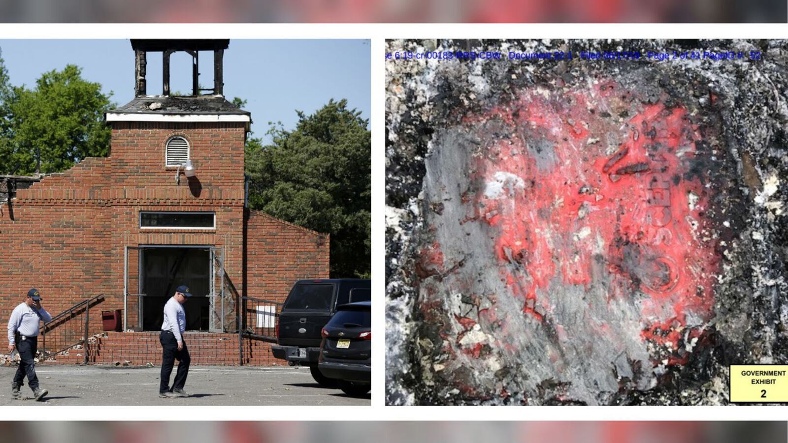 The charred remnants of a gas can, right, is seen in the rubble of Mount Pleasant Baptist Church, left, following an arson. Holden James Matthews, 22, of Opelousas, La., pleaded guilty Monday, Feb. 10, 2020, to setting fire to three black churches, including Mount Pleasant, in St. Landry Parish over a 10-day period from March 26 to April 4, 2019. (AP Photo, U.S. District Court Western District of Louisiana)