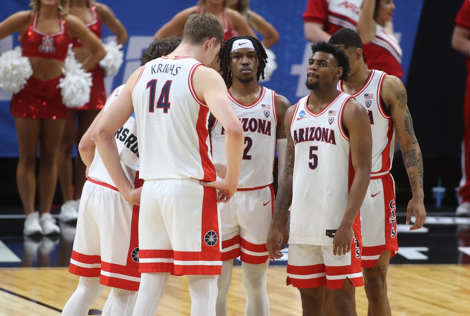 Arizona huddles during a game against Long Beach State in the first round of the NCAA tournament on Thursday, March 21, 2024, at the Delta Center in Salt Lake City, Utah. David Jablonski/Staff