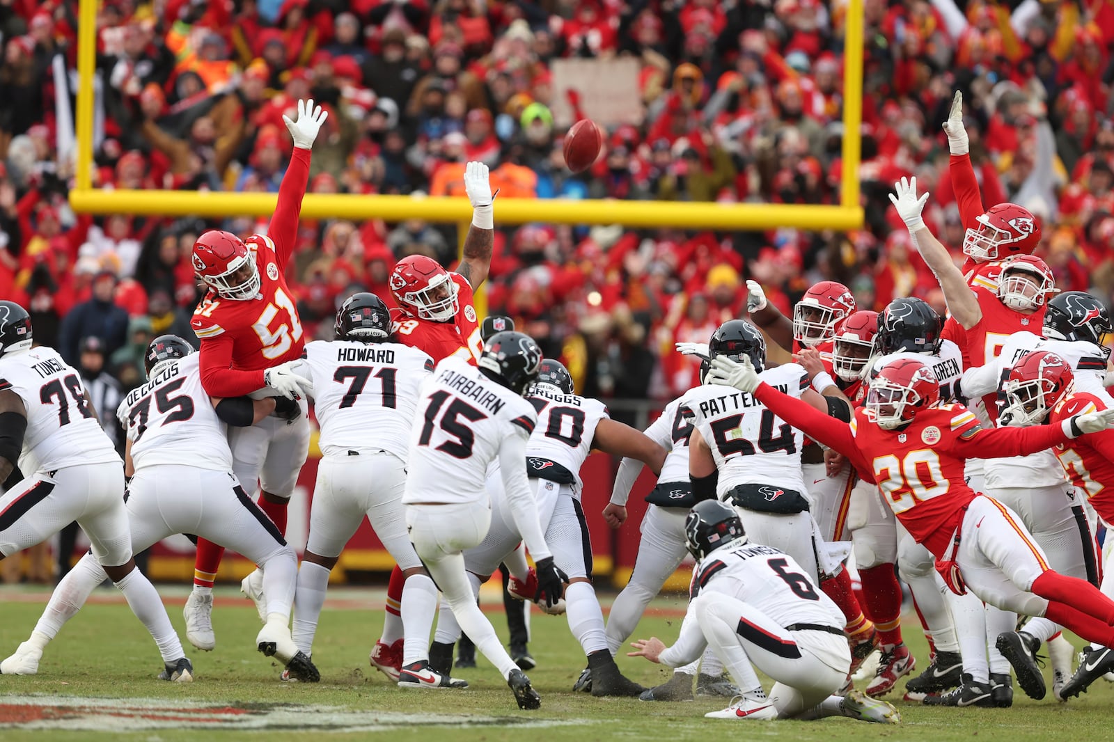 Houston Texans kicker Ka'imi Fairbairn (15) misses a field goal attempt during the first half of an NFL football AFC divisional playoff game against the Kansas City Chiefs Saturday, Jan. 18, 2025, in Kansas City, Mo. (AP Photo/Travis Heying)