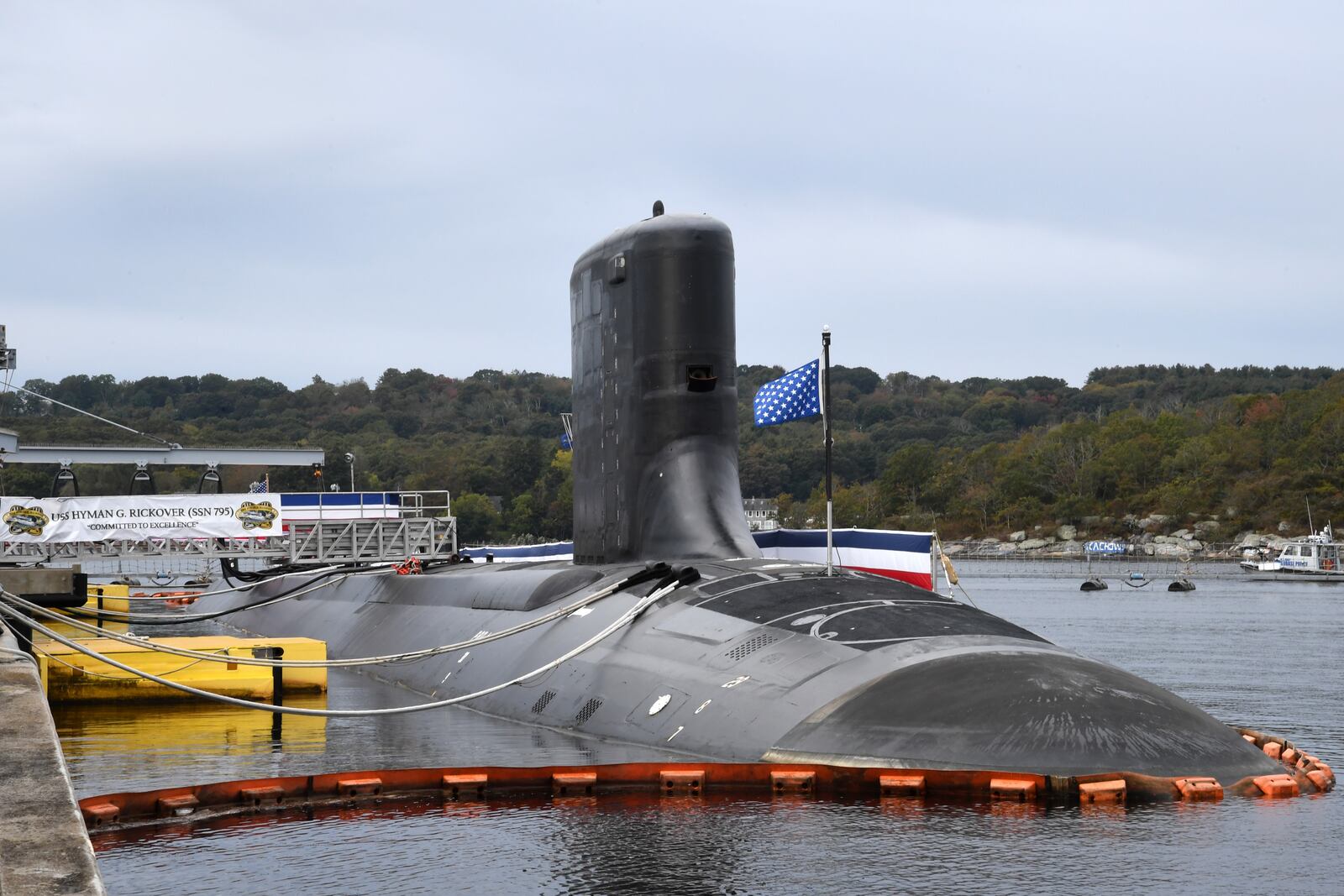 The U.S. Navy submarine Hyman G. Rickover is moored pierside during a commissioning ceremony at Naval Submarine Base New London in Groton, Connecticut on Oct. 14, 2023. (U.S. Navy photo by Chief Petty Officer Joshua Karsten)