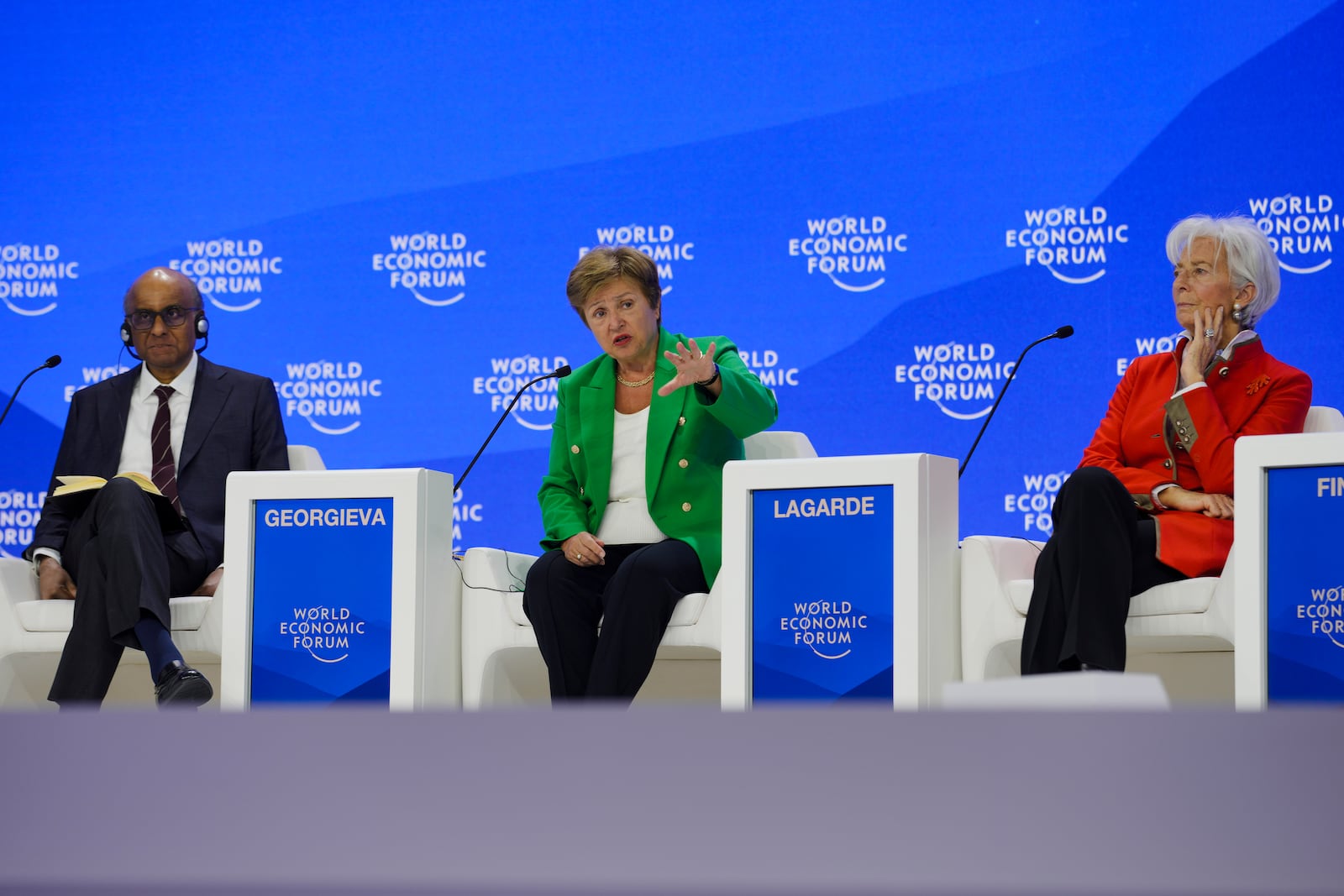 From left: President of Singapore Tharman Shanmugaratnam, Managing Director of the International Monetary Fund (IMF) Kristalina Georgieva, and President of the European Central Bank Christine Lagarde attend a session on the final day at the World Economic Forum in Davos, Switzerland, Friday, Jan. 24, 2025. (AP Photo/Markus Schreiber)