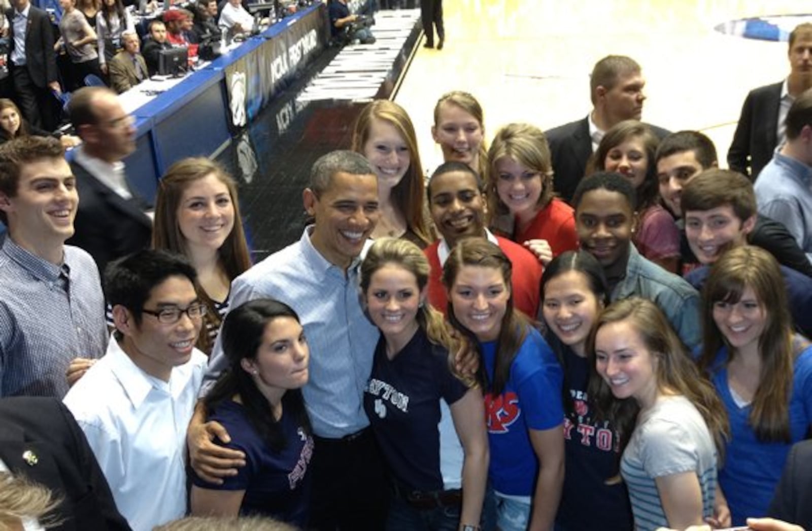 When President Barack Obama brought British Prime Minister David Cameron to UD Arena to watch the start of the NCAA tournament, several University of Dayton students were asked if they wanted to join him, and Samantha Selsky (pictured behind \uFEFFObama's right shoulder) and two other Flyer volleyball players agreed. They ended up sitting two seats away from the president.