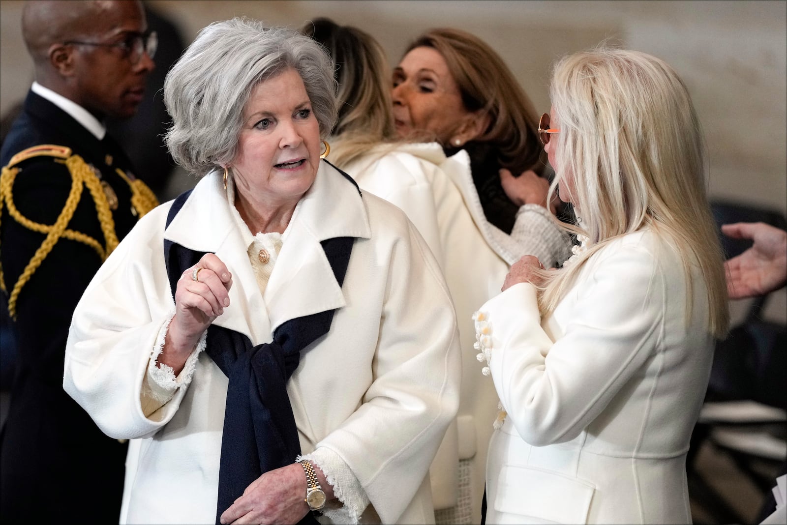 Susie Wiles and Miriam Adelson arrive before the 60th Presidential Inauguration in the Rotunda of the U.S. Capitol in Washington, Monday, Jan. 20, 2025. (AP Photo/Julia Demaree Nikhinson, Pool)