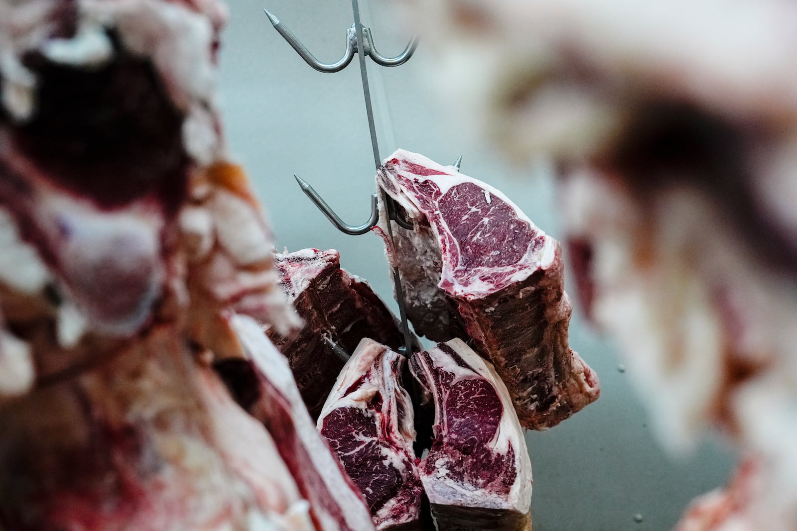 Beef hangs in the meat locker of J.T. Jobbagy Inc. in the Meatpacking District of Manhattan, Tuesday, Nov. 19, 2024, in New York. (AP Photo/Julia Demaree Nikhinson)