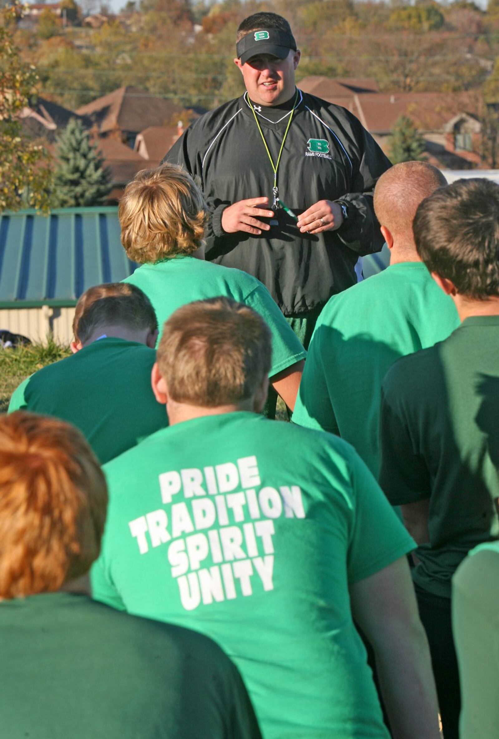 Dave Wirth addresses his Badin High School football team after practice Oct. 30, 2008. The next day, the Rams defeated Clinton-Massie 33-27 in overtime in the Division IV playoffs. GREG LYNCH/STAFF