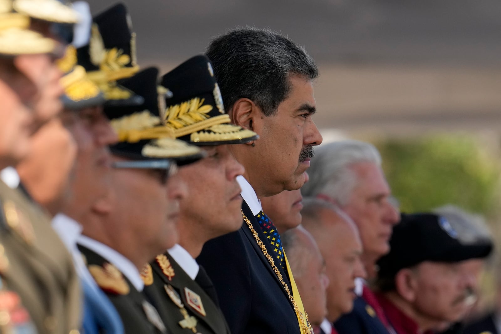 Venezuelan President Nicolas Maduro attends a military ceremony on his inauguration day for a third term in Caracas, Venezuela, Friday, Jan. 10, 2025. (AP Photo/Ariana Cubillos)