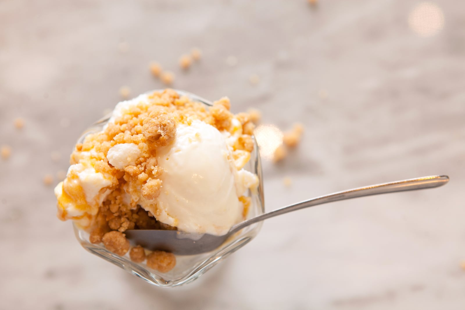 Cream Biscuits with Peach Jam Ice Cream topped with Honey Corn Bread Gravel (styling by Jeni Britton Bauer ) (Photography by Renee Brock/Special)