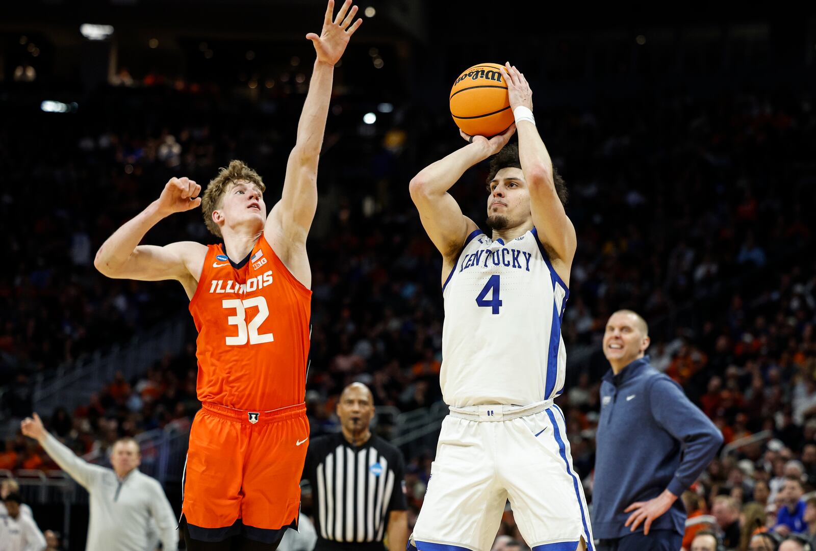 Kentucky guard Koby Brea (4) shoots against Illinois in the second half in the second round of the NCAA college basketball tournament Sunday, March 23, 2025, in Milwaukee. (AP Photo/Jeffrey Phelps)