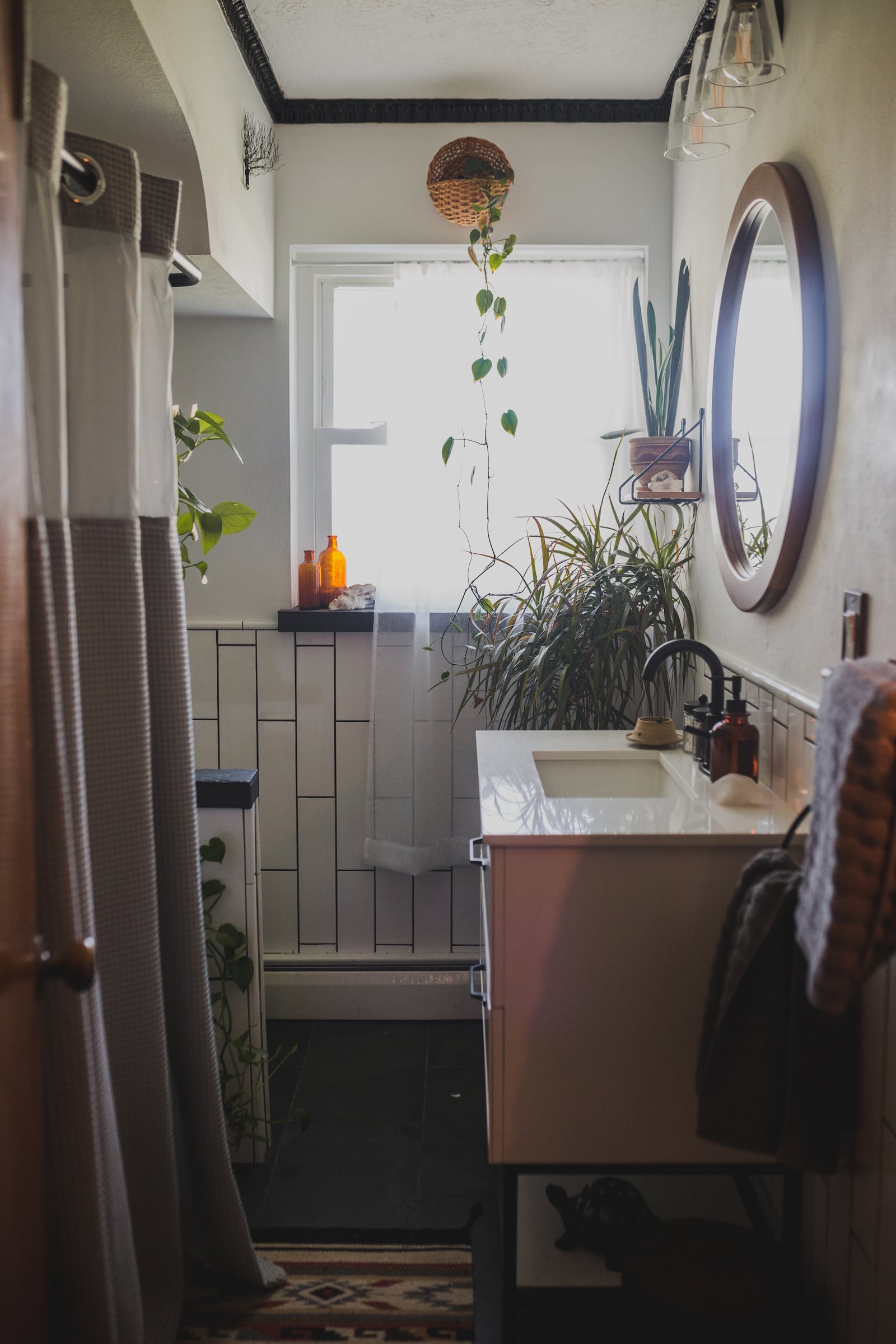 Plants adorn one of the recently remodeled bathrooms in the home. 