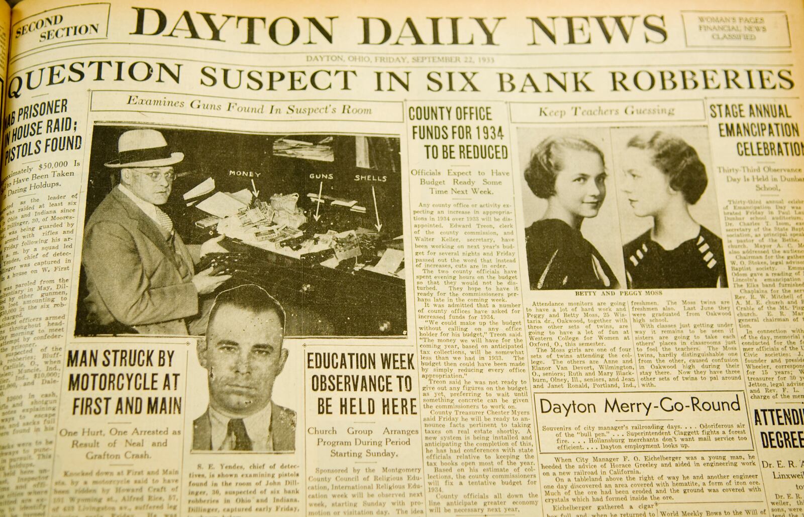 Front page of the Dayton Daily News on September 22, 1933 during the John Dillinger arrest.