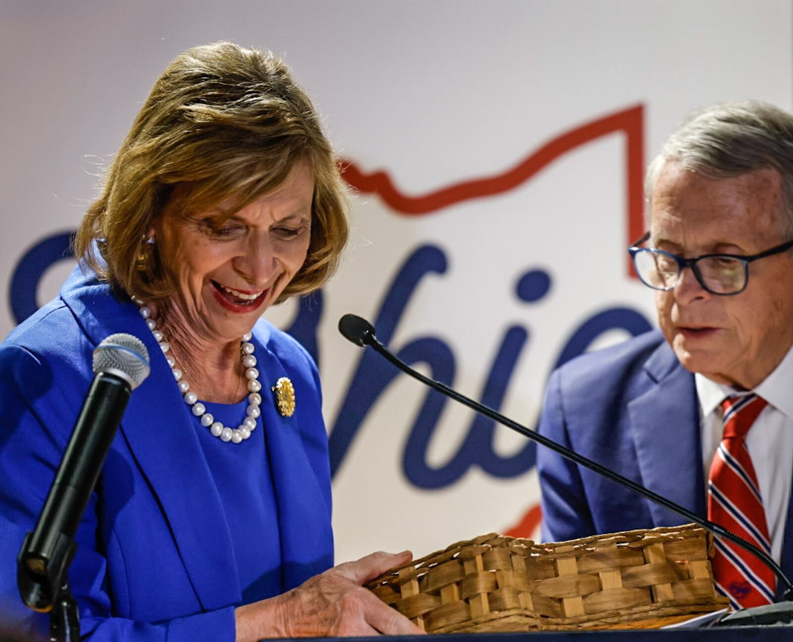 Ohio first lady Fran DeWine and Governor Mike DeWine announced on Wednesday May 10, 2023 at the Boonshoft Museum in Dayton that Ohio's new slogan will be, "the heart of it all." JIM NOELKER/STAFF