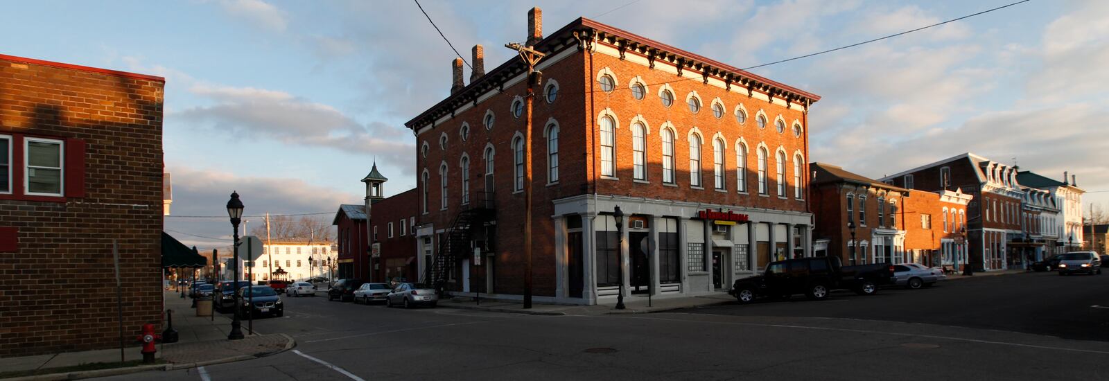 Evening sun strikes this historic buildings along Germantown's Main Street.