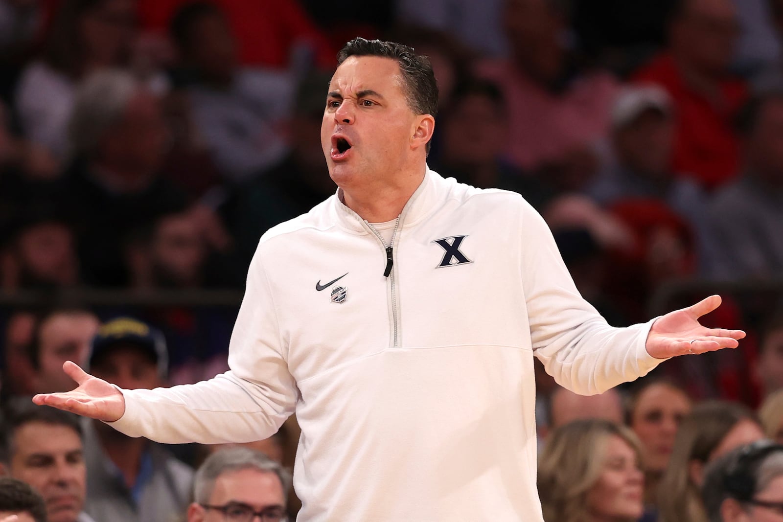 Xavier head coach Sean Miller yells during the first half of an NCAA college basketball game against Marquette in the quarterfinals of the Big East Conference tournament, Thursday, March 13, 2025, in New York. (AP Photo/Pamela Smith)