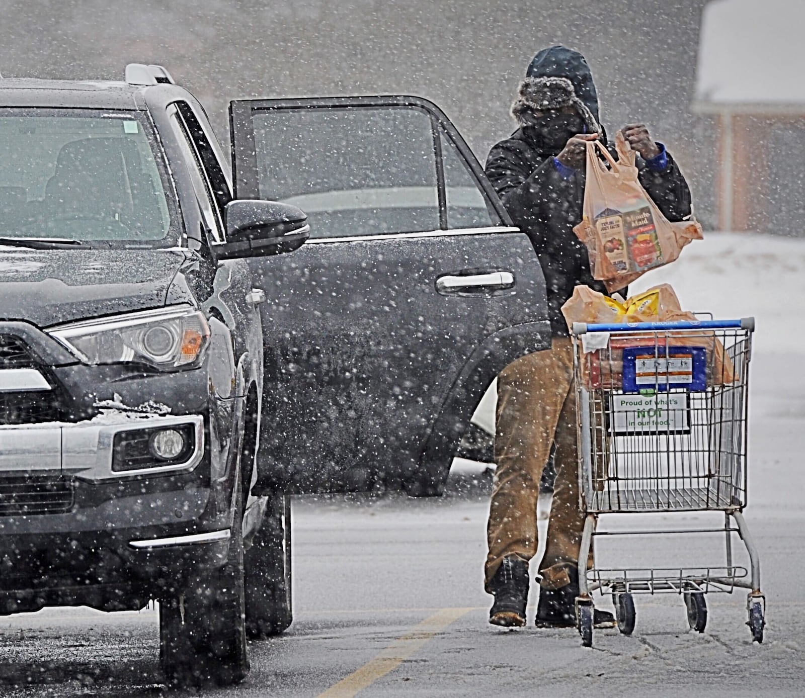 People are stock up on groceries Monday, February 15, 2021 at the Kroger store in Riverside. MARSHALL GORBY\STAFF