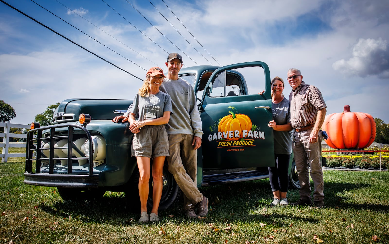 Left to right: Alayna Garver-Taylor, Daylon Taylor, Suzy Garver and Michael Garver operate Garver Family Farm Market on Ohio 63 in Lemon Township. Garver Family Farm will have their Harvest Fest on Saturday and is expanding with addition of the new building opening at the beginning of 2024 that will have a bakery, bistro, wine bar and more. NICK GRAHAM/STAFF