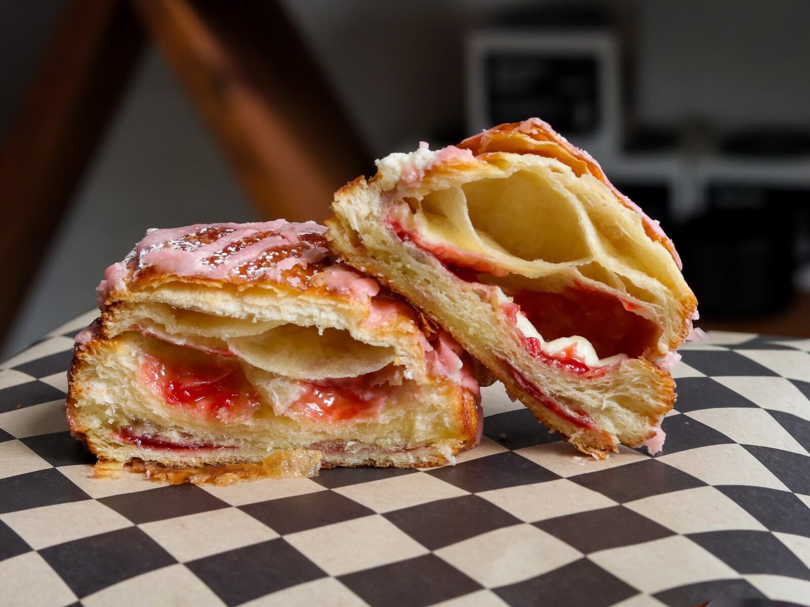 Pictured is the Strawberry Mascarpone’s Pain au Chocolat (strawberry white chocolate and mascarpone cream in a croissant with strawberry glaze and powdered sugar) at Val's Bakery in Dayton (CONTRIBUTED PHOTO).