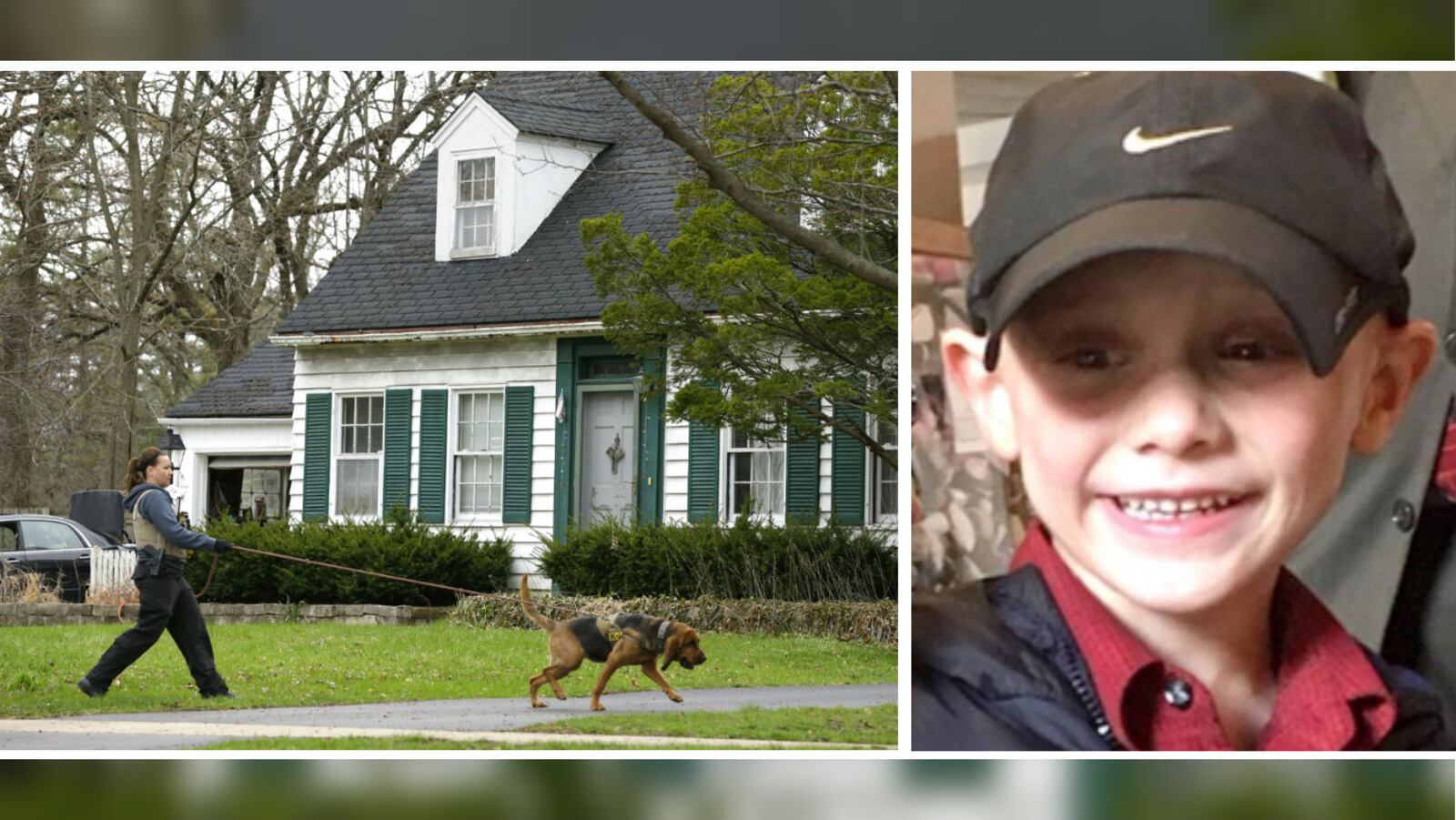 A bloodhound K-9 officer and his handler cover the ground in front of the home of 5-year-old Andrew "AJ" Freund Jr. on Thursday, April 18, 2019, in Crystal Lake, Ill. Crystal Lake police say K-9s have not found the scent of the boy, who was reported missing that morning by his parents, anywhere other than inside the house, which they say indicates AJ didn't leave on foot. His body was recovered six days later, wrapped in plastic and buried in a shallow grave near Woodstock. His parents, JoAnn Cunningham, 36, and Andrew Freund Sr., 60, face multiple charges, including five counts of first-degree murder, in his death.