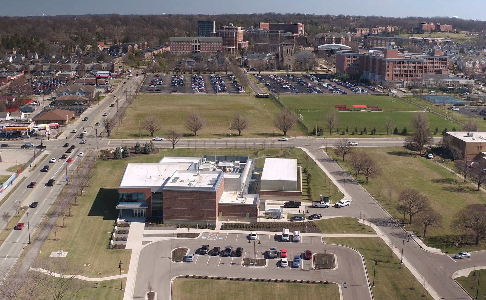 The Emerson Helix Innovation Center is located on Stewart St.on University of Dayton land that stretches from the UD Campus to the Great Miami River.   TY GREENLEES / STAFF