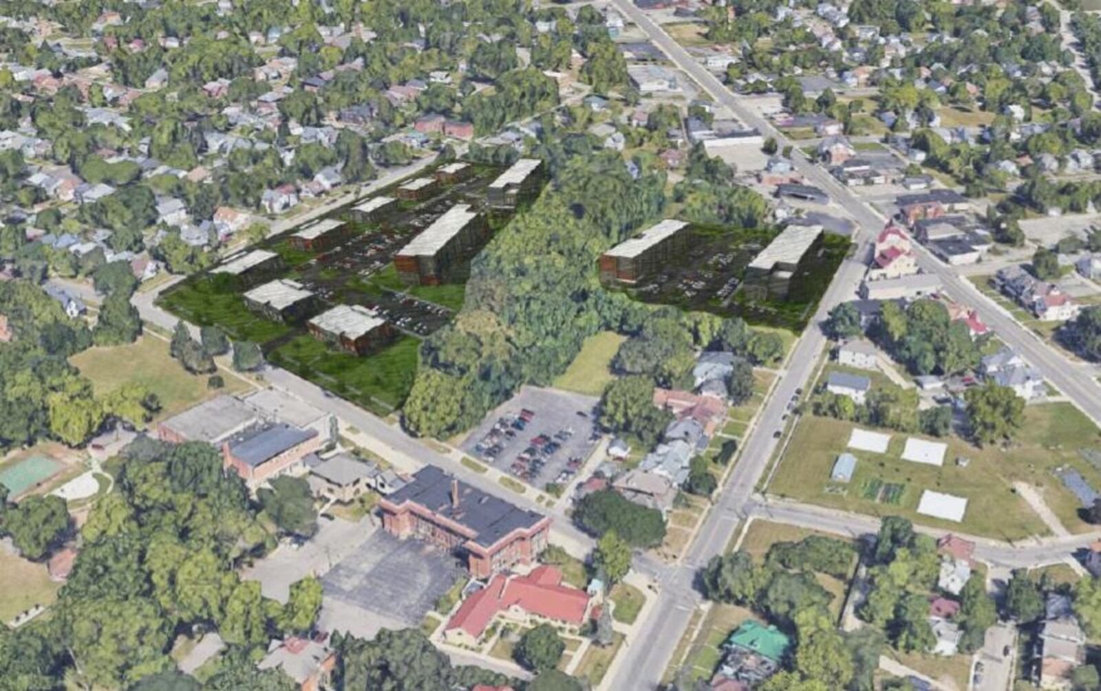 A conceptual site plan for the former Julienne High School and Hampton Square Apartment properties in the Five Oaks neighborhood. CONTRIBUTED