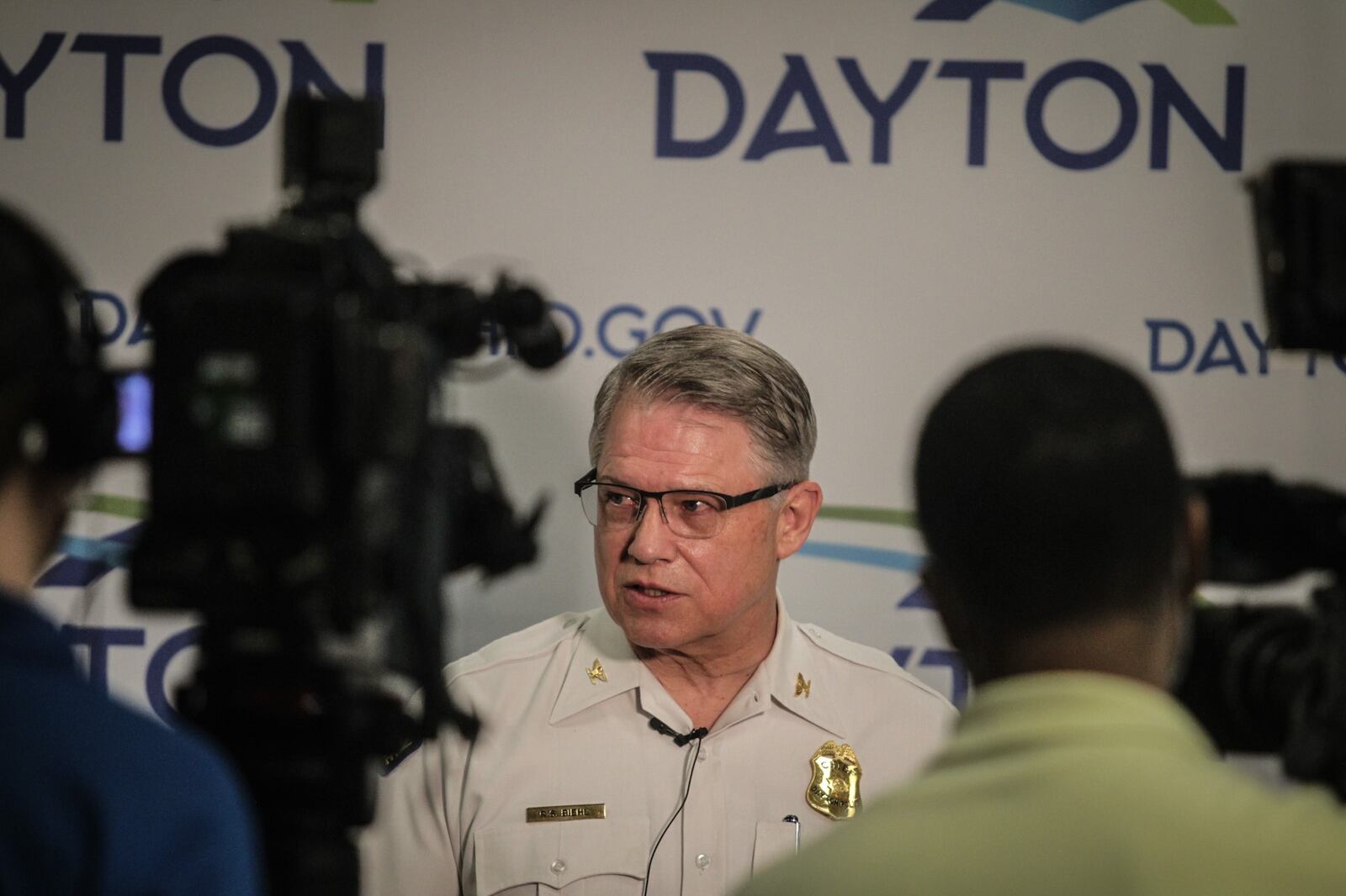 Dayton Police Chief, Richard Biehl talks to the press Monday May 24, 2021 at the city hall council chambers. JIM NOELKER/STAFF